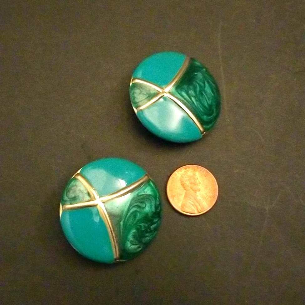 Round Enamel Turquoise  Gold Earrings Preowned
